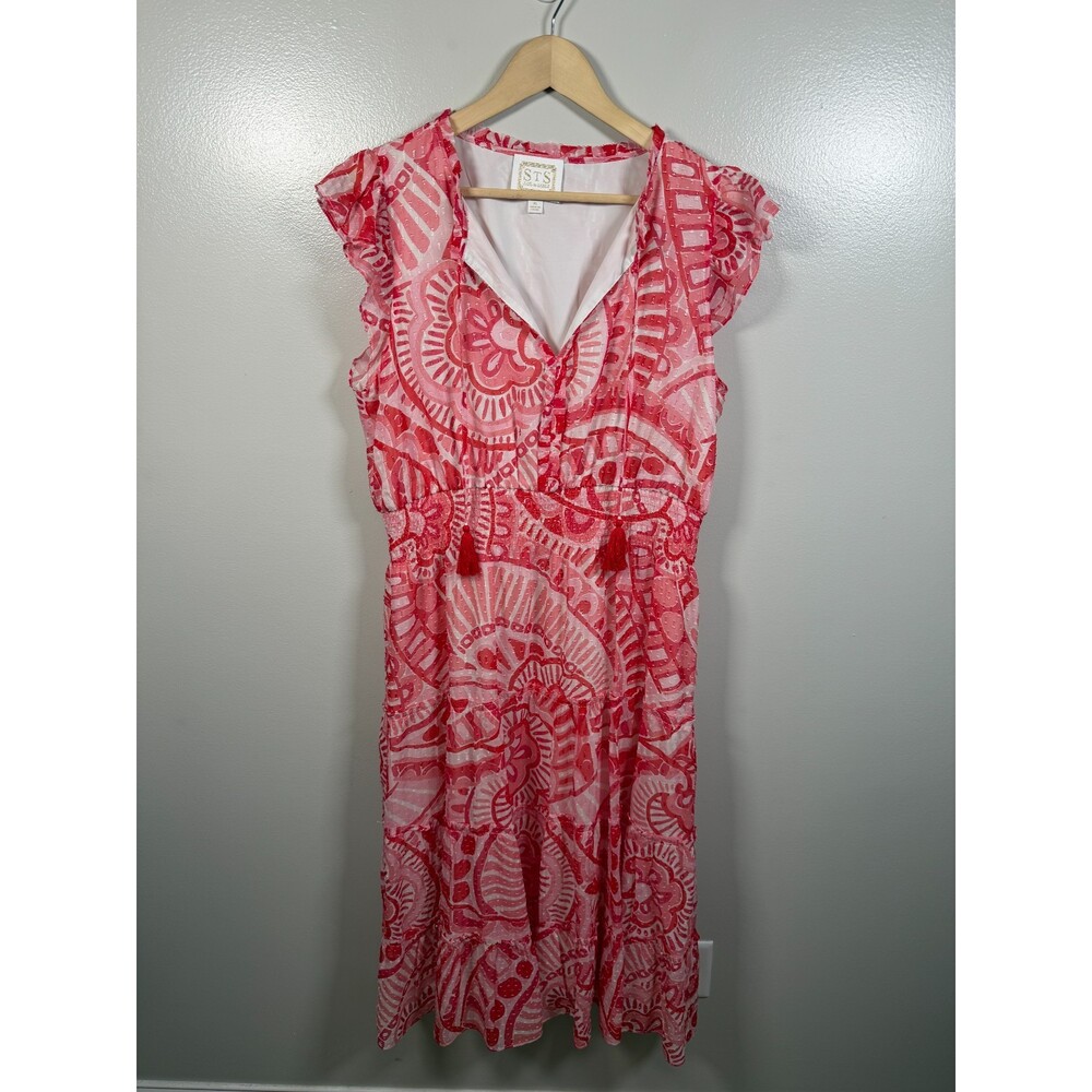 Sail To Sable Flutter Sleeve Midi Dress Size XL Pink Red Silk Blend Kaleidoscope
